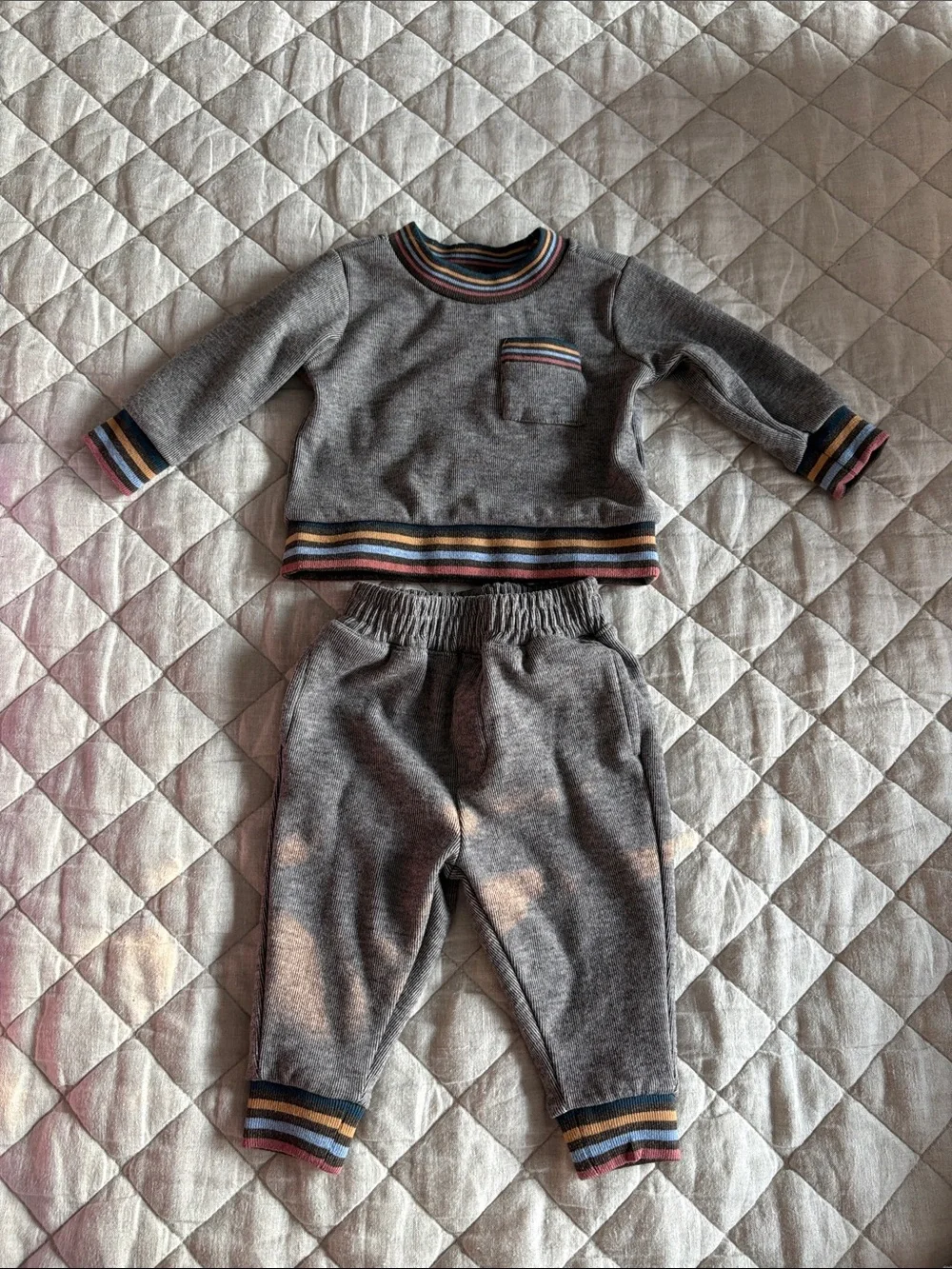 Kids Grey Matching Sweater Set with Multicolor Stripe Trim